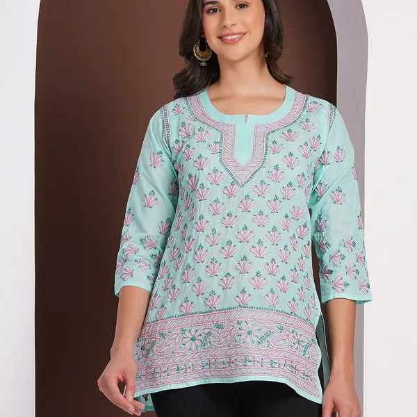 Mint_Green_Hand_Embroidered_Chikan_Cotton_Top_With_Contrast_Thread_Work