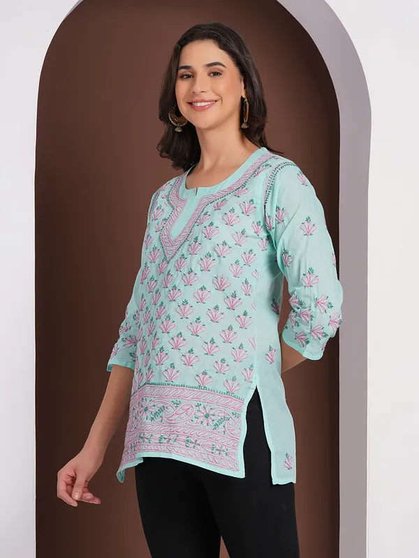 Mint_Green_Hand_Embroidered_Chikan_Cotton_Top_With_Contrast_Thread_Work