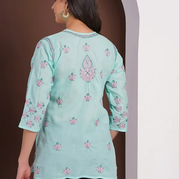 Mint_Green_Hand_Embroidered_Chikan_Cotton_Top_With_Contrast_Thread_Work