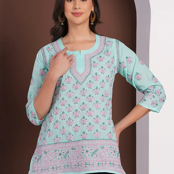 Mint_Green_Hand_Embroidered_Chikan_Cotton_Top_With_Contrast_Thread_Work