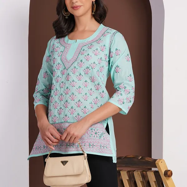Mint_Green_Hand_Embroidered_Chikan_Cotton_Top_With_Contrast_Thread_Work