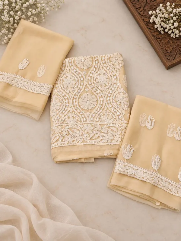 Soft_Beige_Hand_Crafted_Soft_Chiffon_Unstitched_Chikan_Suit_Set_In_Panel_Pattern