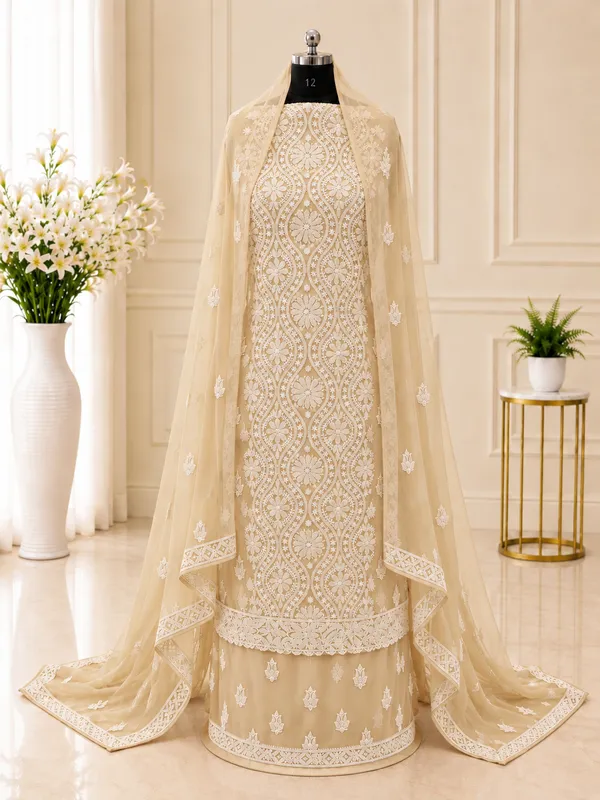 Soft_Beige_Hand_Crafted_Soft_Chiffon_Unstitched_Chikan_Suit_Set_In_Panel_Pattern
