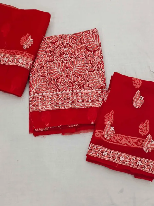 Cherry_Red_Hand_Embroidered_Soft_Chiffon_Unstitched_Leaf_Chikankari_Suit_Set_With_Dupatta