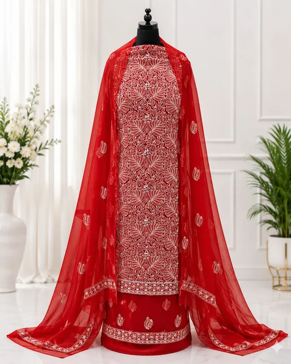 Cherry_Red_Hand_Embroidered_Soft_Chiffon_Unstitched_Leaf_Chikankari_Suit_Set_With_Dupatta