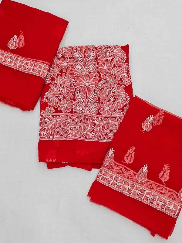 Cherry_Red_Hand_Embroidered_Soft_Chiffon_Unstitched_Garth_Chikankari_Suit_Set_With_Dupatta