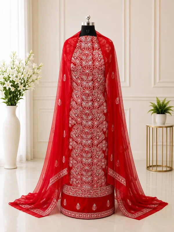 Cherry_Red_Hand_Embroidered_Soft_Chiffon_Unstitched_Garth_Chikankari_Suit_Set_With_Dupatta
