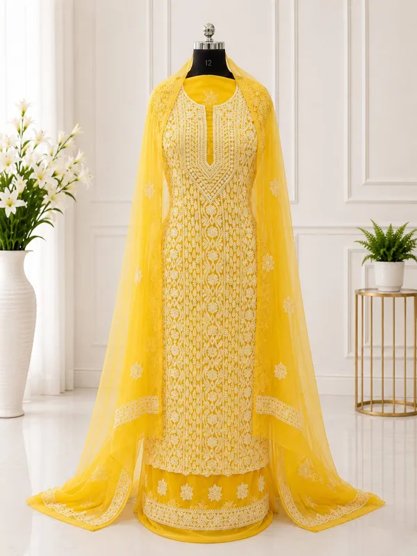 Lemon_Yellow_Chiffon_Front_Jaal_Suit_Piece_With_Dupatta