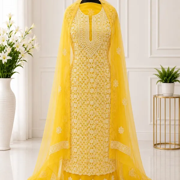 Lemon_Yellow_Chiffon_Front_Jaal_Suit_Piece_With_Dupatta