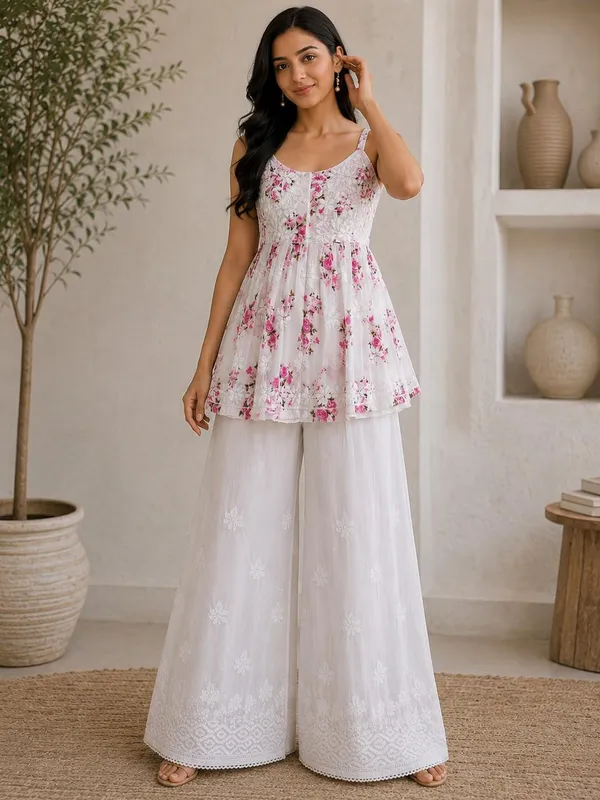 Ivory_White_With_Pink_Floral_Print_Handcrafted_Lucknowi_Chikankari_Cotton_Short_Top