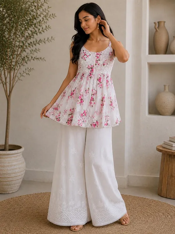 Ivory_White_With_Pink_Floral_Print_Handcrafted_Lucknowi_Chikankari_Cotton_Short_Top