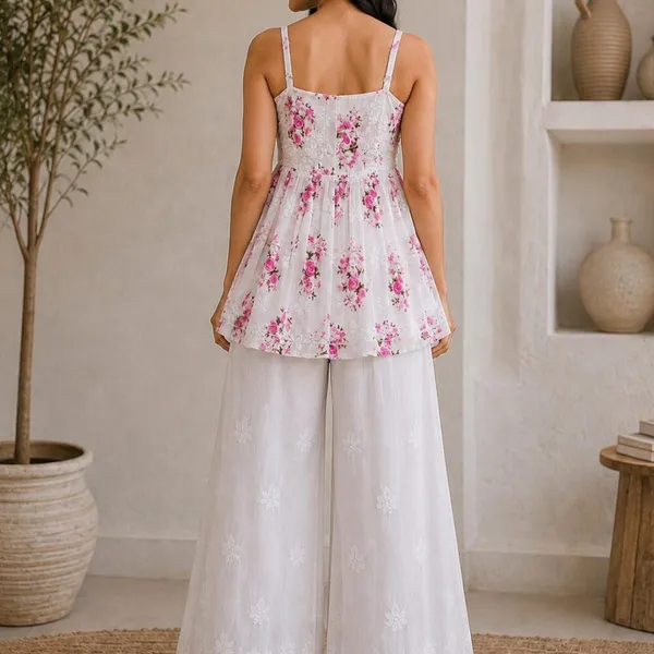 Ivory_White_With_Pink_Floral_Print_Handcrafted_Lucknowi_Chikankari_Cotton_Short_Top