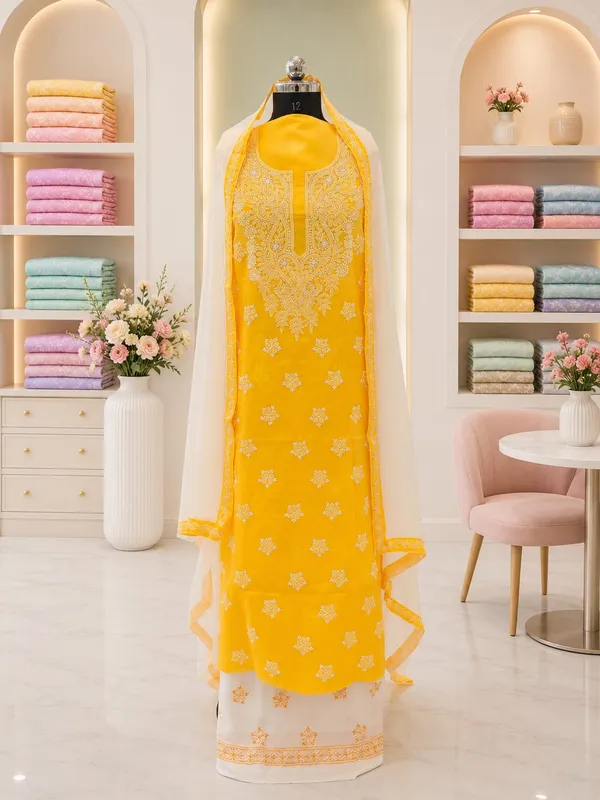 Sunflower_Yellow_Cotton_Suit_Piece_With_Contrast_Bottom_Chiffon_Dupatta
