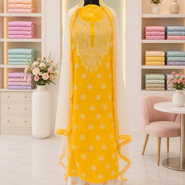 Sunflower_Yellow_Cotton_Suit_Piece_With_Contrast_Bottom_Chiffon_Dupatta
