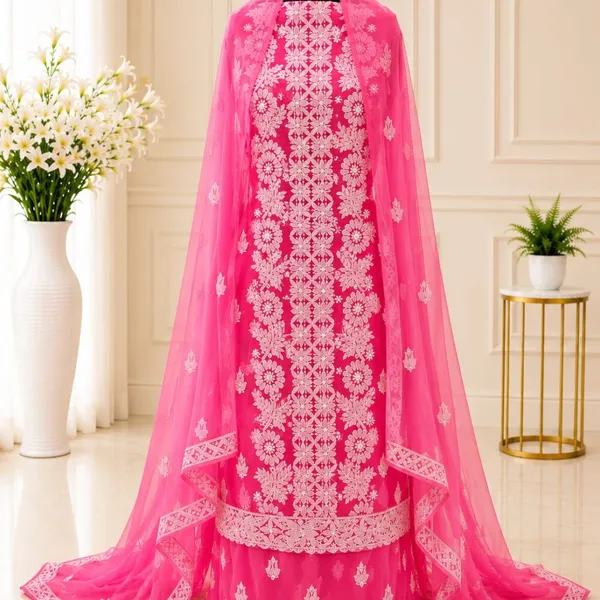 Hot_Pink_Hand_Crafted_Soft_Chiffon_Unstitched_Chikan_Suit_Set_Panel_Pattern