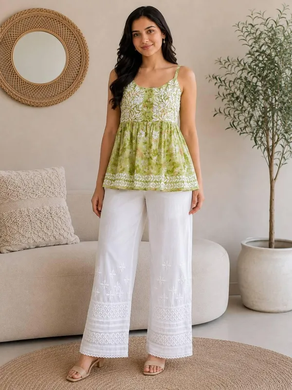 Olive_Green_Floral_Print_Handcrafted_Lucknowi_Chikankari_Cotton_Short_Top
