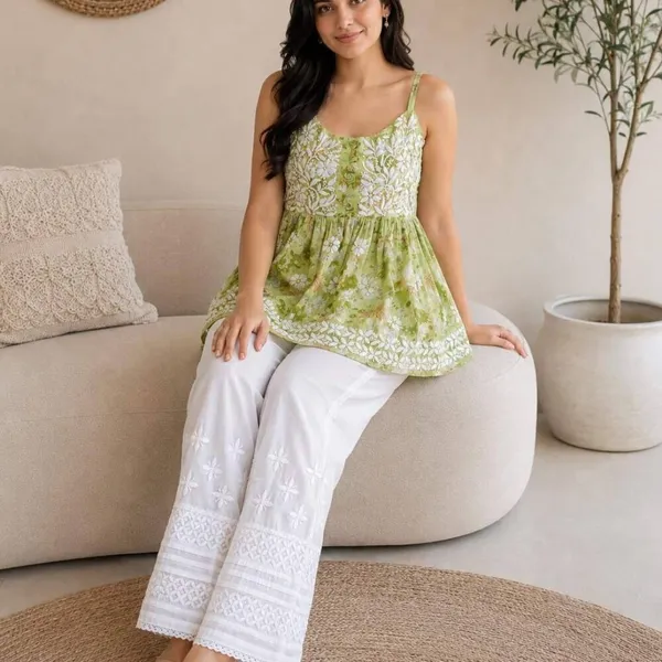 Olive_Green_Floral_Print_Handcrafted_Lucknowi_Chikankari_Cotton_Short_Top