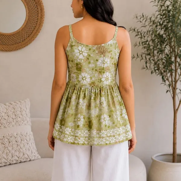 Olive_Green_Floral_Print_Handcrafted_Lucknowi_Chikankari_Cotton_Short_Top