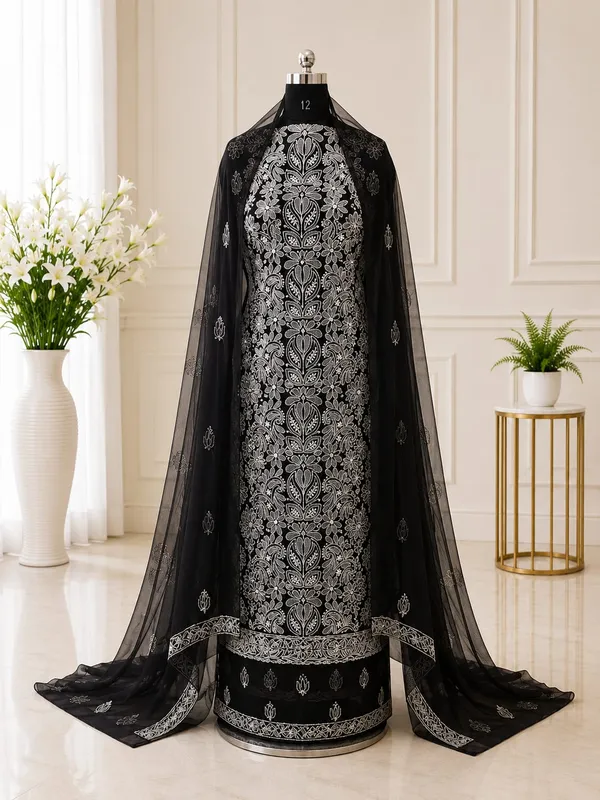 Black_Hand_Embroidered_Soft_Chiffon_Garth_Chikankari_Suit_Set_With_Dupatta