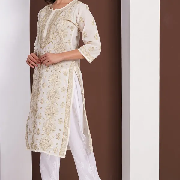 Cream_Hand_Embroidered_Chikan_Cotton_Kurti