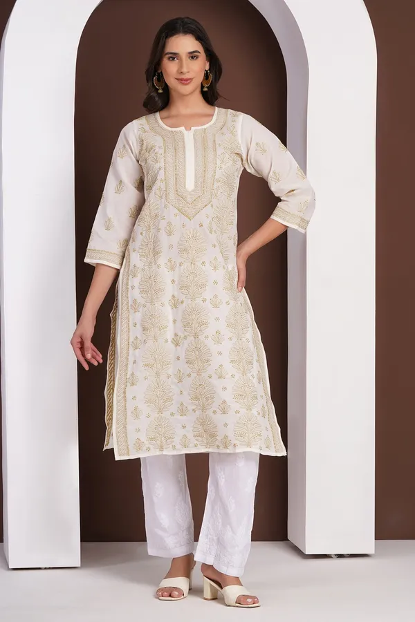 Cream_Hand_Embroidered_Chikan_Cotton_Kurti
