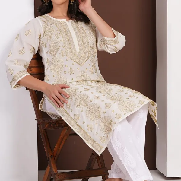 Cream_Hand_Embroidered_Chikan_Cotton_Kurti