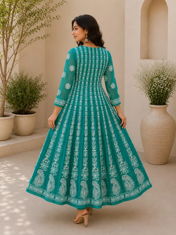 Teal_Green_Hand_Embroidered_Chikan_Chiffon_Anarkali_With_56Gores