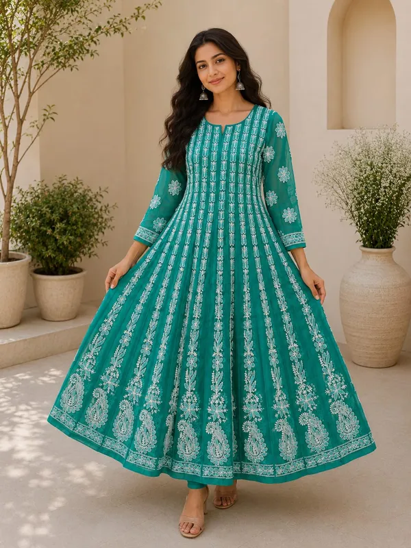 Teal_Green_Hand_Embroidered_Chikan_Chiffon_Anarkali_With_56Gores