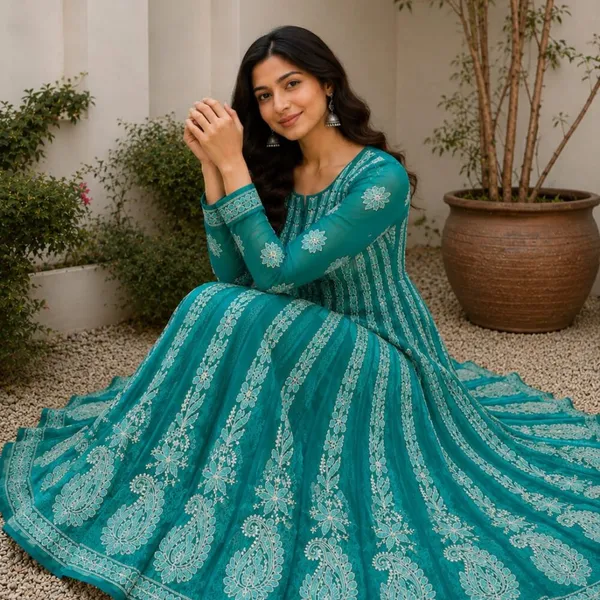 Teal_Green_Hand_Embroidered_Chikan_Chiffon_Anarkali_With_56Gores