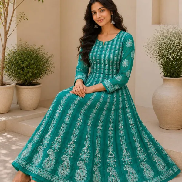 Teal_Green_Hand_Embroidered_Chikan_Chiffon_Anarkali_With_56Gores