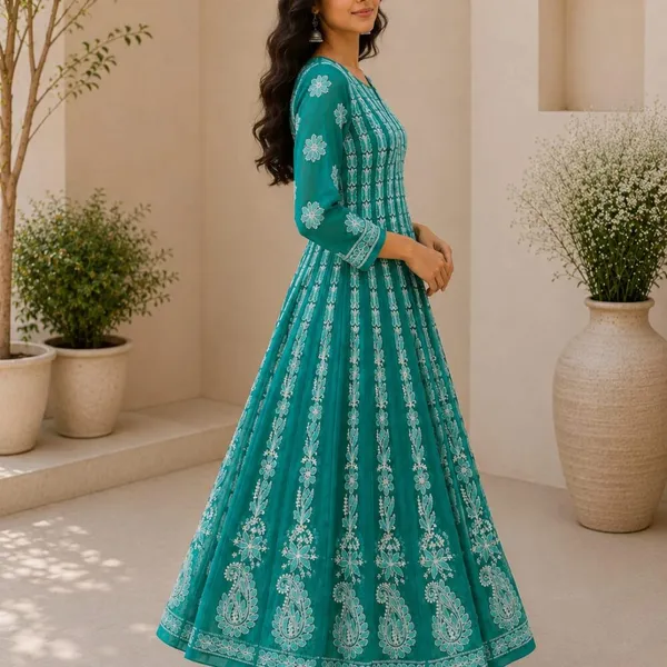 Teal_Green_Hand_Embroidered_Chikan_Chiffon_Anarkali_With_56Gores