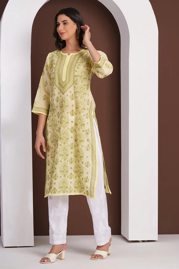 Lemon_Yellow_Hand_Embroidered_Chikan_Cotton_Kurti