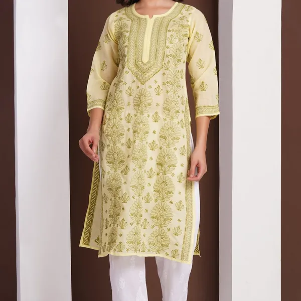 Lemon_Yellow_Hand_Embroidered_Chikan_Cotton_Kurti