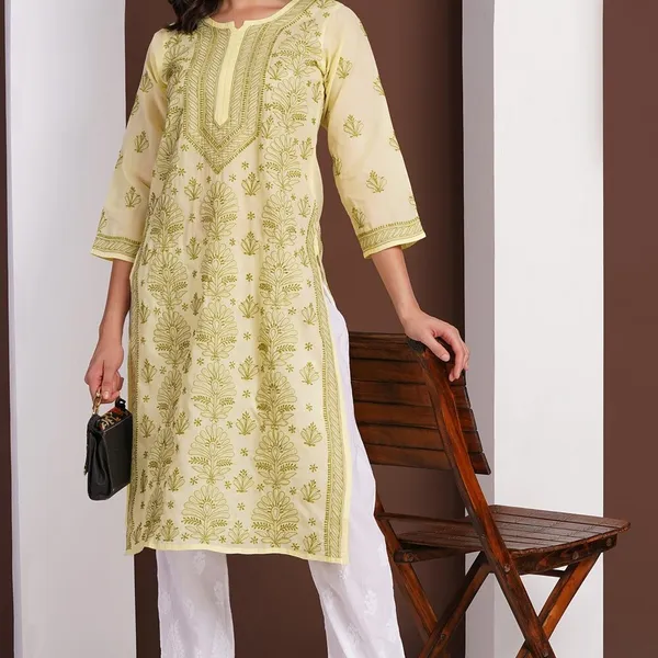 Lemon_Yellow_Hand_Embroidered_Chikan_Cotton_Kurti