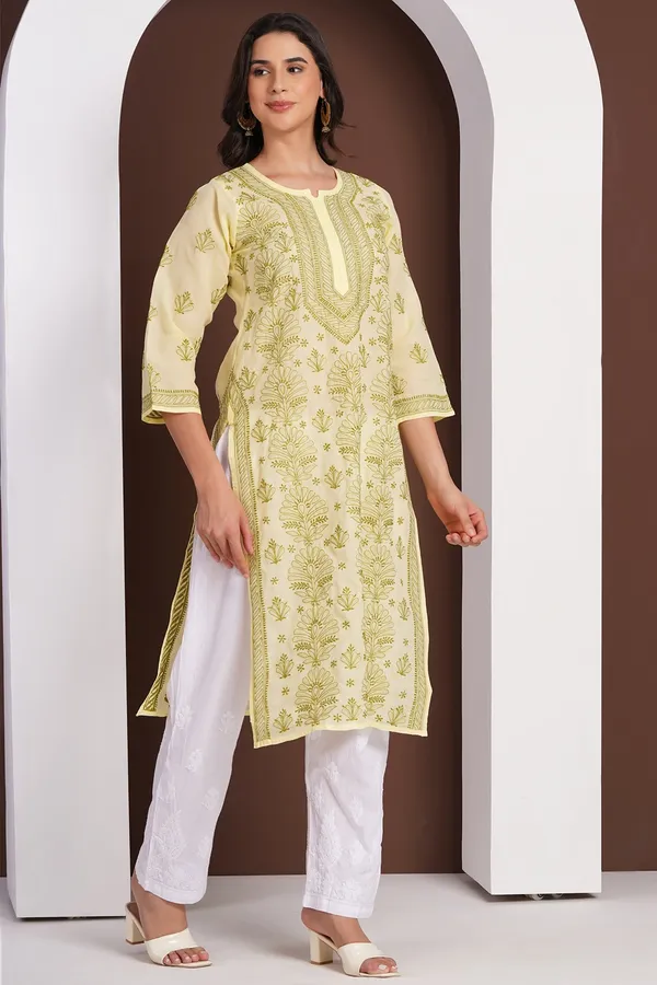 Lemon_Yellow_Hand_Embroidered_Chikan_Cotton_Kurti
