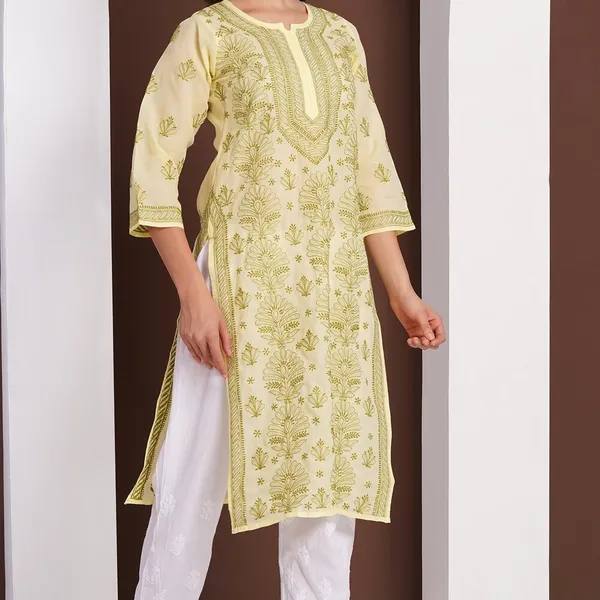 Lemon_Yellow_Hand_Embroidered_Chikan_Cotton_Kurti