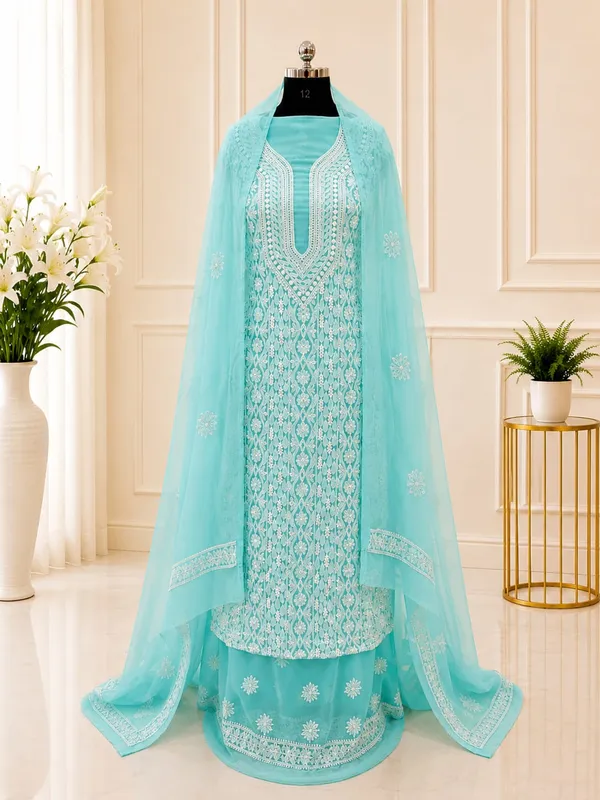 Sky_Blue_Chiffon_Front_Jaal_Suit_Piece_With_Dupatta
