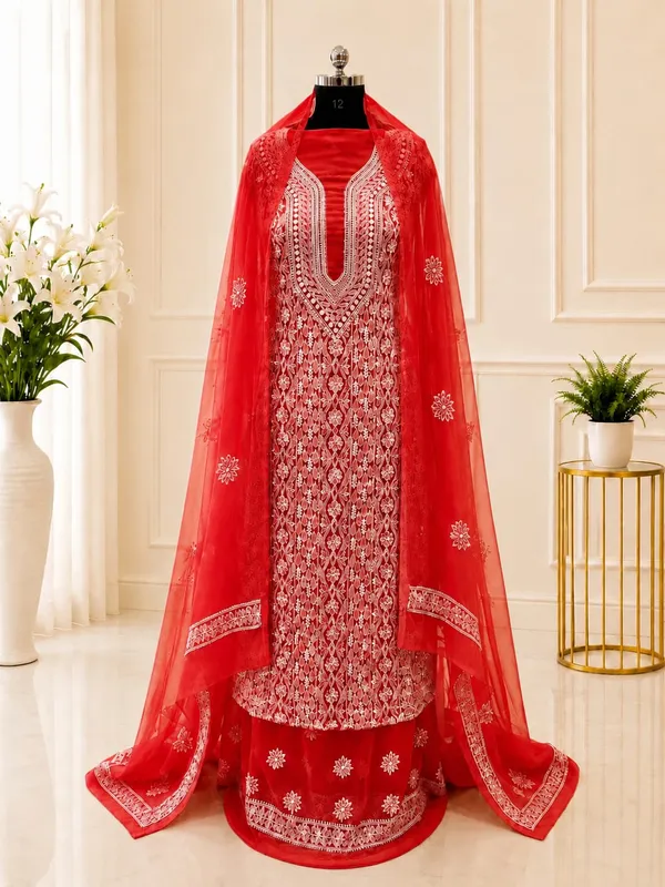 Cherry_Red_Chiffon_Front_Jaal_Suit_Piece_With_Dupatta