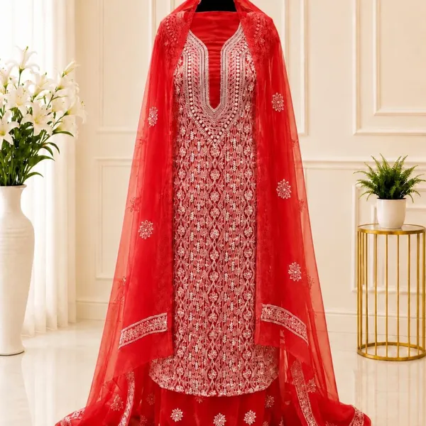 Cherry_Red_Chiffon_Front_Jaal_Suit_Piece_With_Dupatta