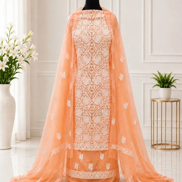 Pastel_Peach_Hand_Embroidered_Soft_Chiffon_Unstitched_Leaf_Chikankari_Suit_Set_With_Dupatta