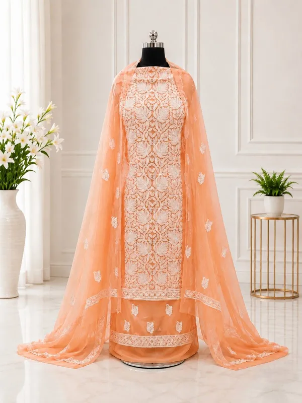 Pastel_Peach_Hand_Embroidered_Soft_Chiffon_Unstitched_Leaf_Chikankari_Suit_Set_With_Dupatta