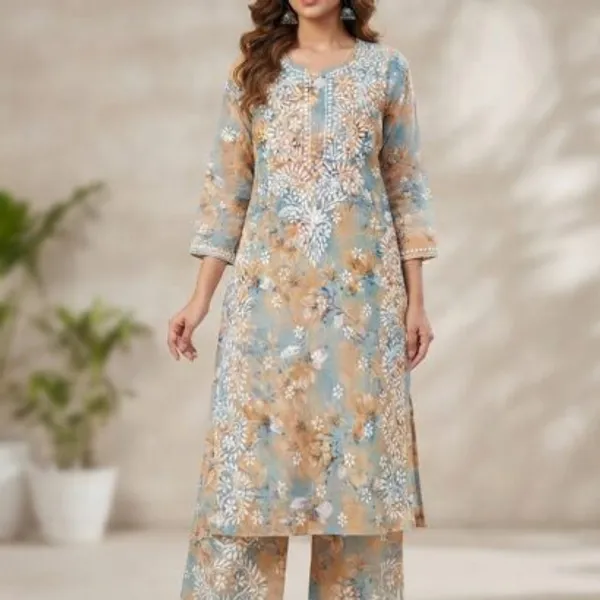 Powder_Blue_With_Peach_Hand_Embroidered_Lucknowi_Chikankari_Floral_Cotton_Kurti_Palazzo_Set