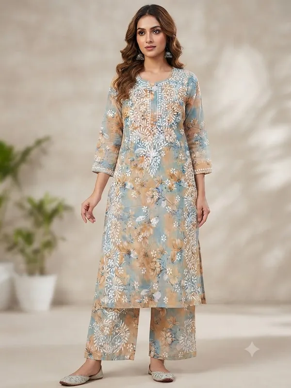 Powder_Blue_With_Peach_Hand_Embroidered_Lucknowi_Chikankari_Floral_Cotton_Kurti_Palazzo_Set