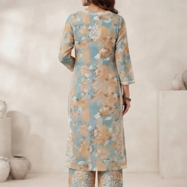 Powder_Blue_With_Peach_Hand_Embroidered_Lucknowi_Chikankari_Floral_Cotton_Kurti_Palazzo_Set