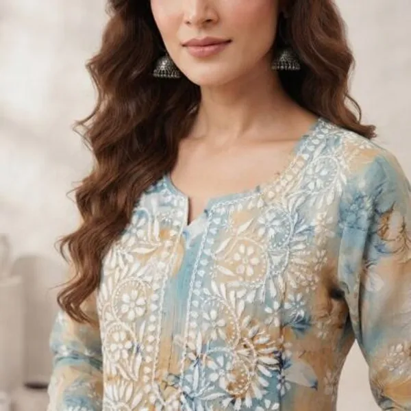 Powder_Blue_With_Peach_Hand_Embroidered_Lucknowi_Chikankari_Floral_Cotton_Kurti_Palazzo_Set