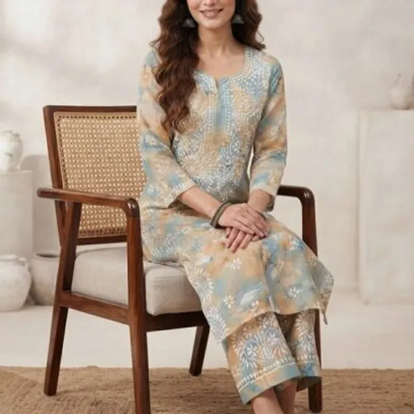 Powder_Blue_With_Peach_Hand_Embroidered_Lucknowi_Chikankari_Floral_Cotton_Kurti_Palazzo_Set