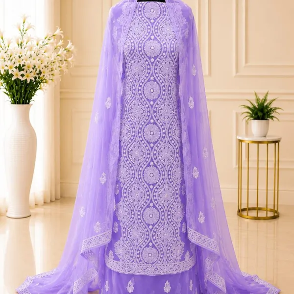Lavender_Purple_Hand_Crafted_Soft_Chiffon_Unstitched_Chikan_Suit_Set_In_Panel_Pattern