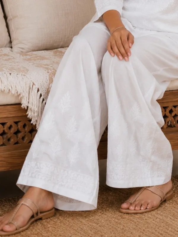 White_Hand_Embroidered_Pure_Cotton_Chikankari_Palazzo_With_Ghaas_Patti_Work