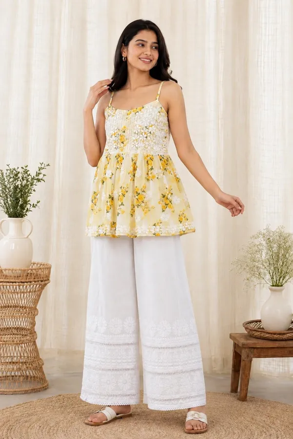 Ivory_Floral_Yellow_Floral_Print_Handcrafted_Lucknowi_Chikankari_Cotton_Short_Top