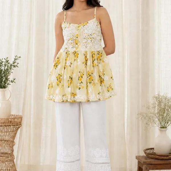 Ivory_Floral_Yellow_Floral_Print_Handcrafted_Lucknowi_Chikankari_Cotton_Short_Top